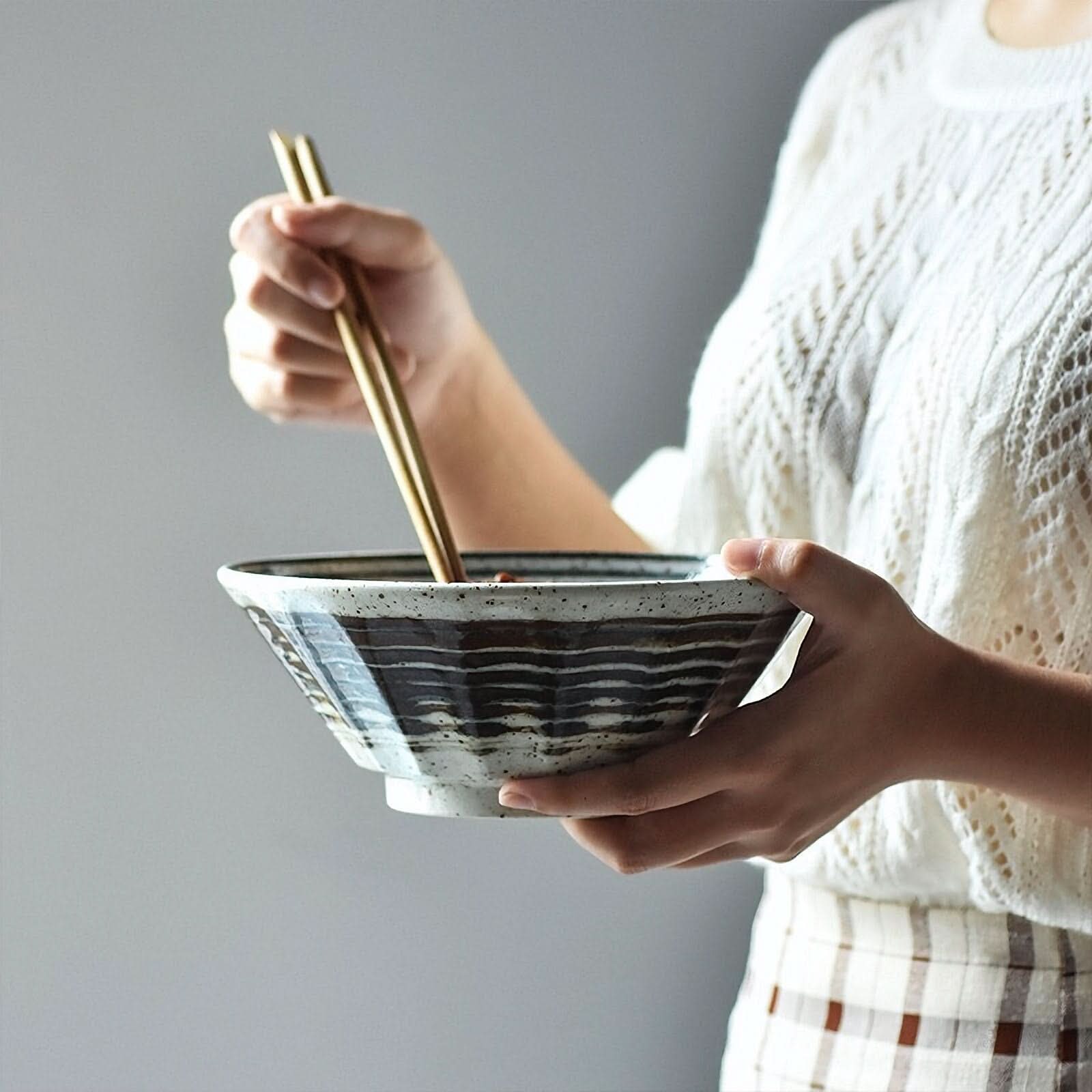 Ramen Bowl Pottery Firing Snow Effect 8" with chopsticks. Ceramic, Japanese-style, heat-resistant.